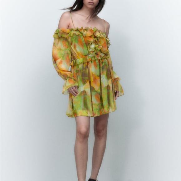ZARA BLOGGER FAVORITE PRINTED TULLE DRESS GREEN - Picture 10 of 15